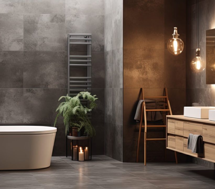 Contemporary bathroom with nighttime lighting featuring shower bathtub mirror and washstand
